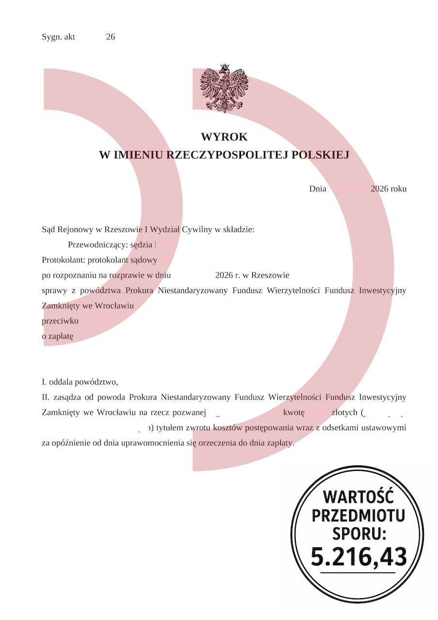 Wyrok oddalający powództwo Prokura NSFIZ o zapłatę 5216,43 zł