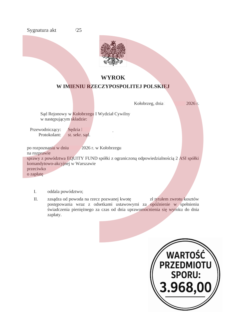 Wyrok oddalający powództwo Equity Fund o zapłatę 3968 zł