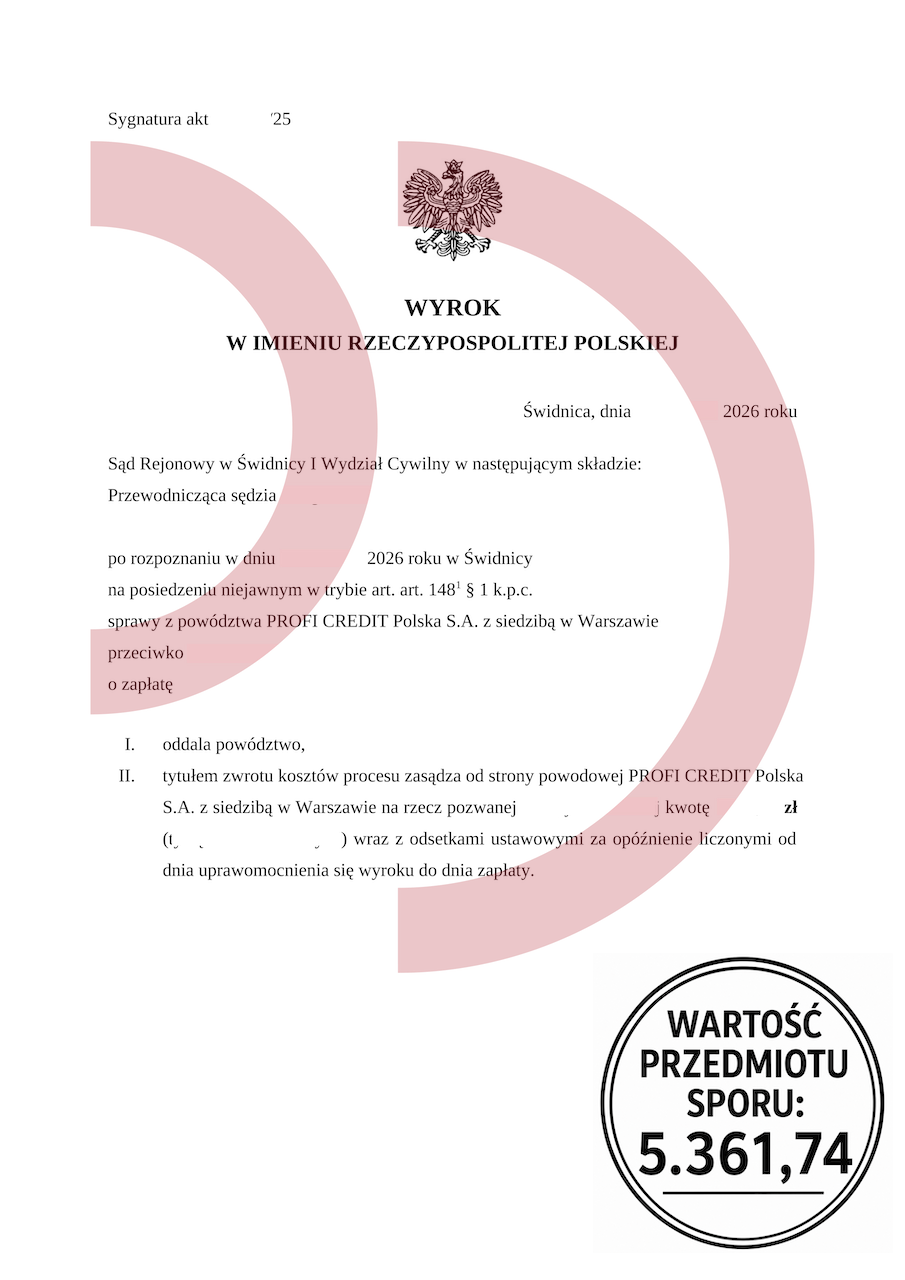 Wyrok oddalający powództwo Profi Credit Polska o zapłatę 5361,74 zł