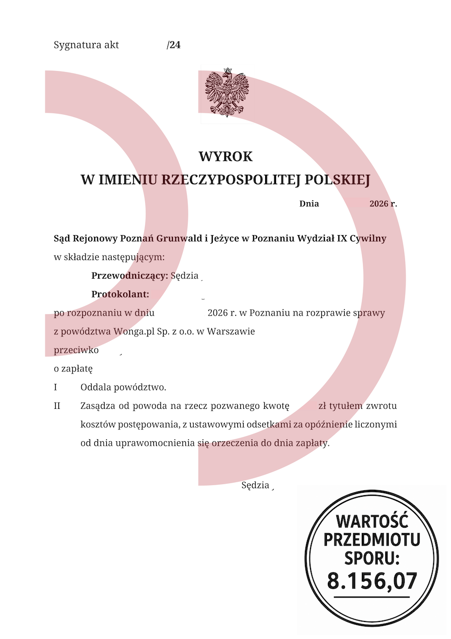 Wyrok oddalający powództwo Wonga.pl o zapłatę 8156,07 zł