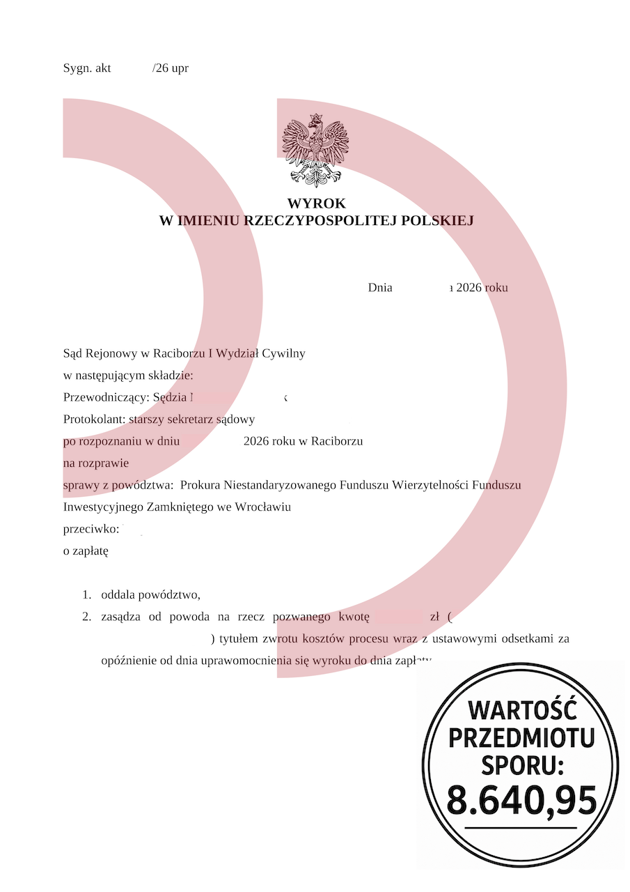 Wyrok oddalający powództwo Prokura NSFIZ o zapłatę 8640,95 zł