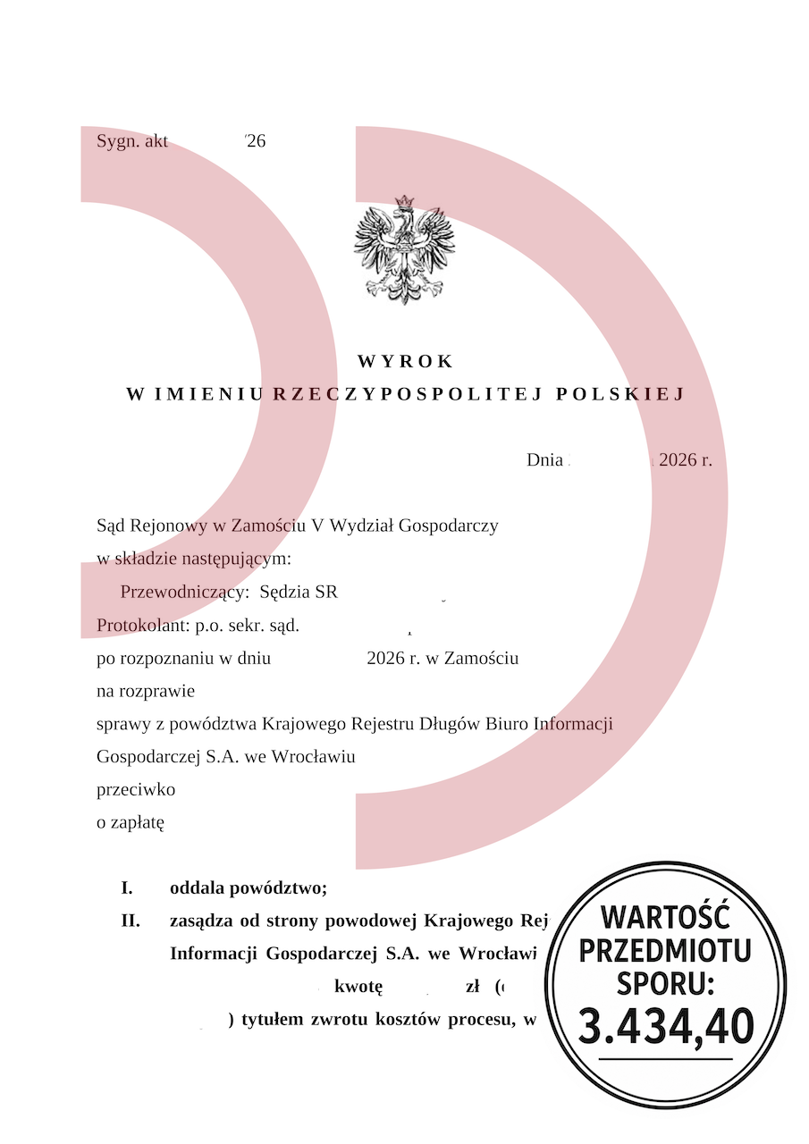 Wyrok oddalający powództwo Krajowego Rejestru Długów o zapłatę 3434,40 zł