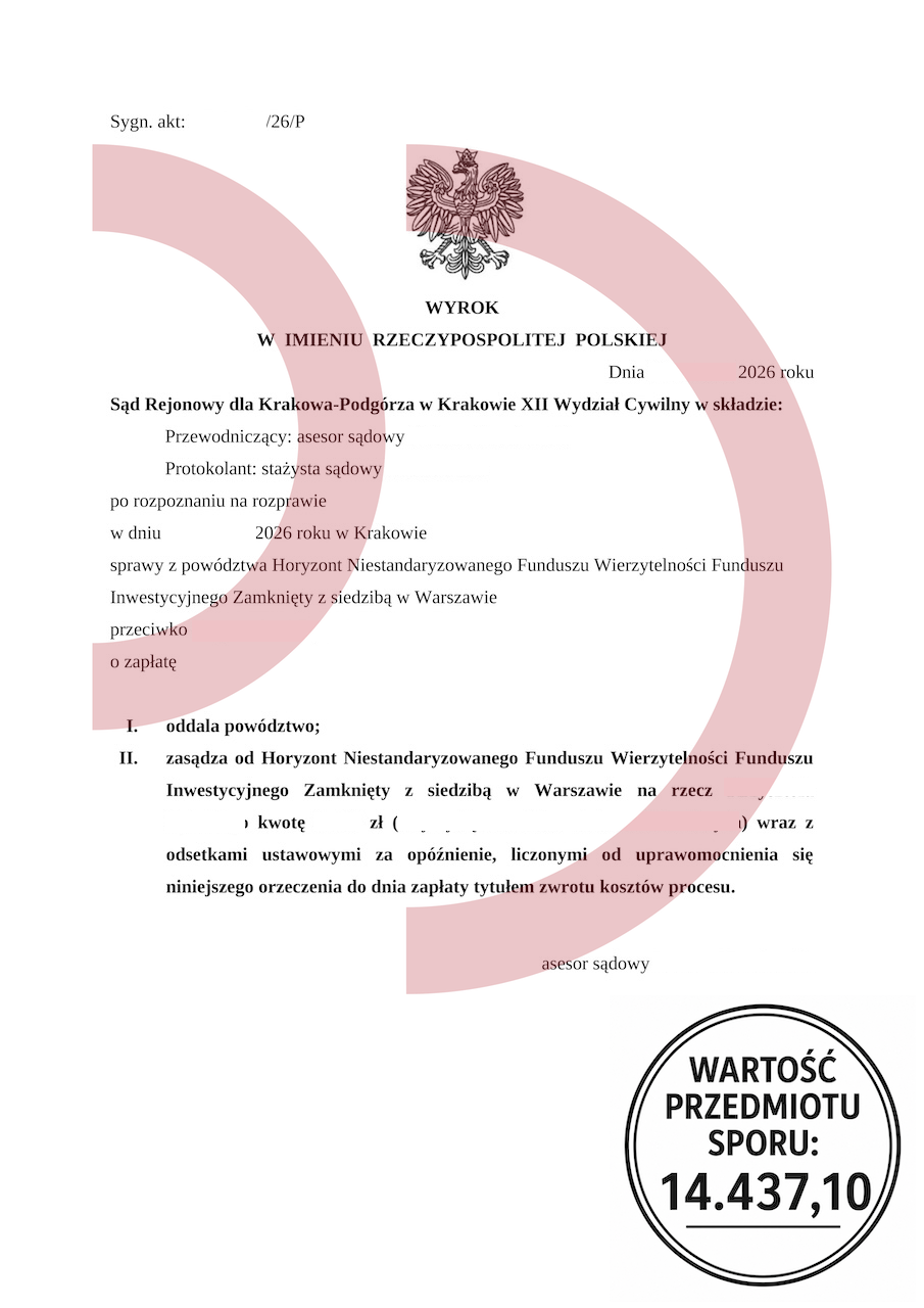 Wyrok oddalający powództwo Horyzont FIZ o zapłatę 14437,10 zł przeciwko konsumentowi