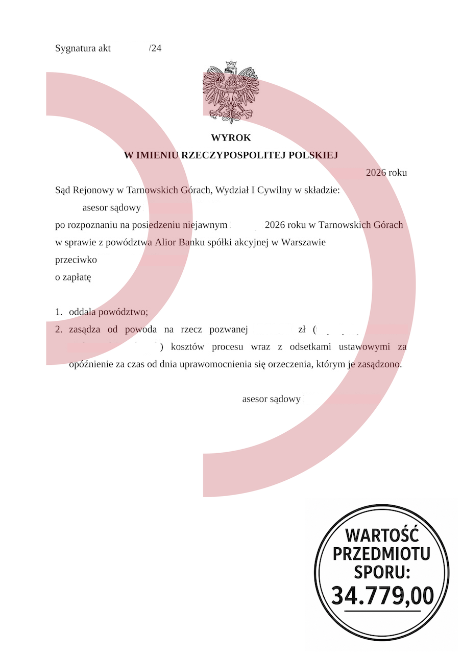 Wyrok sądu oddalający powództwo Alior Bank o zapłatę 34.779,00 zł