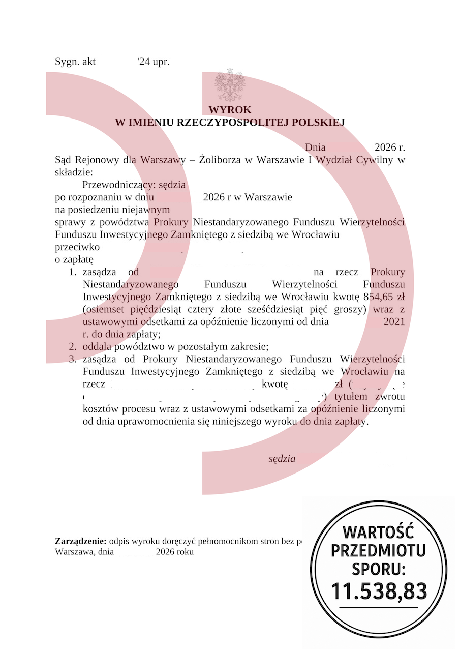 Wyrok w sprawie z powództwa Prokury o zapłatę 11538,83 zł