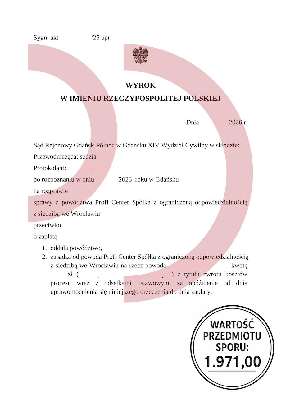 Wyrok oddalający powództwo Profi Center o zapłatę 1971 zł