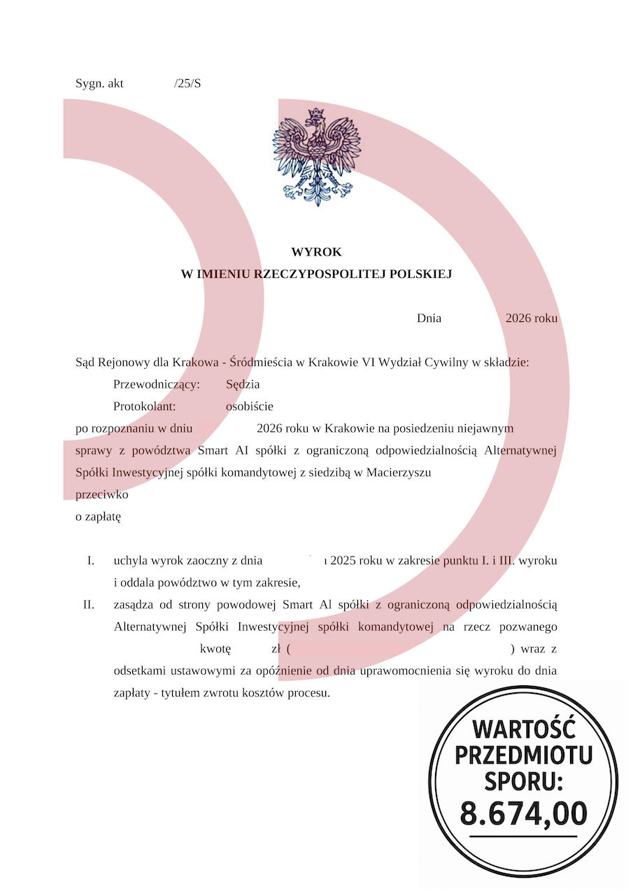 Wyrok oddalający powództwo Smart AI o zapłatę 8674 zł