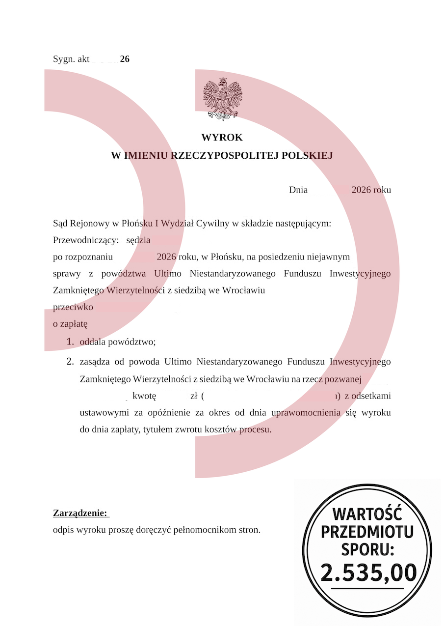 Wyrok oddalający powództwo Ultimo o zapłatę 2.535,00 zł