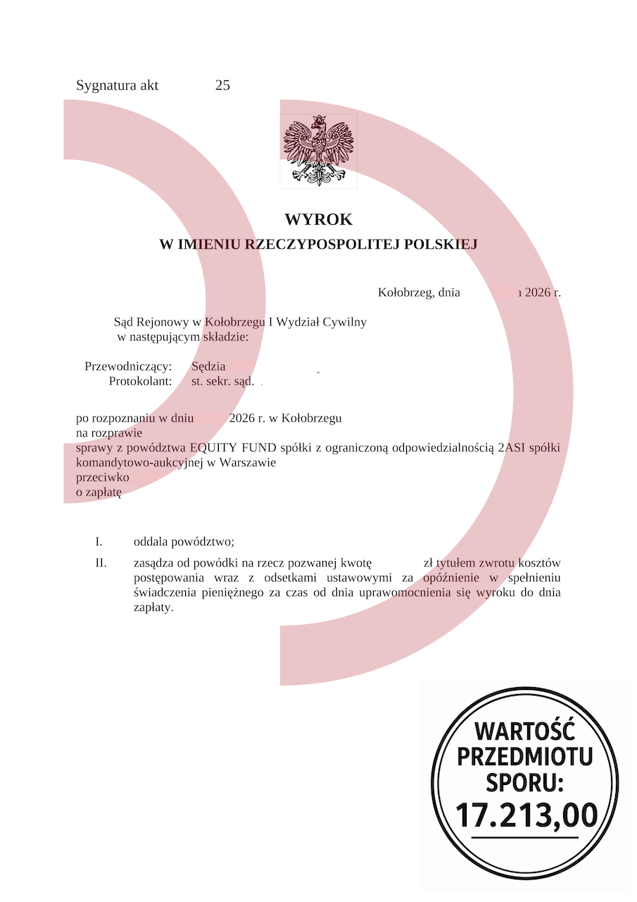 Wyrok oddalający powództwo Equity Fund o zapłatę 17213 zł