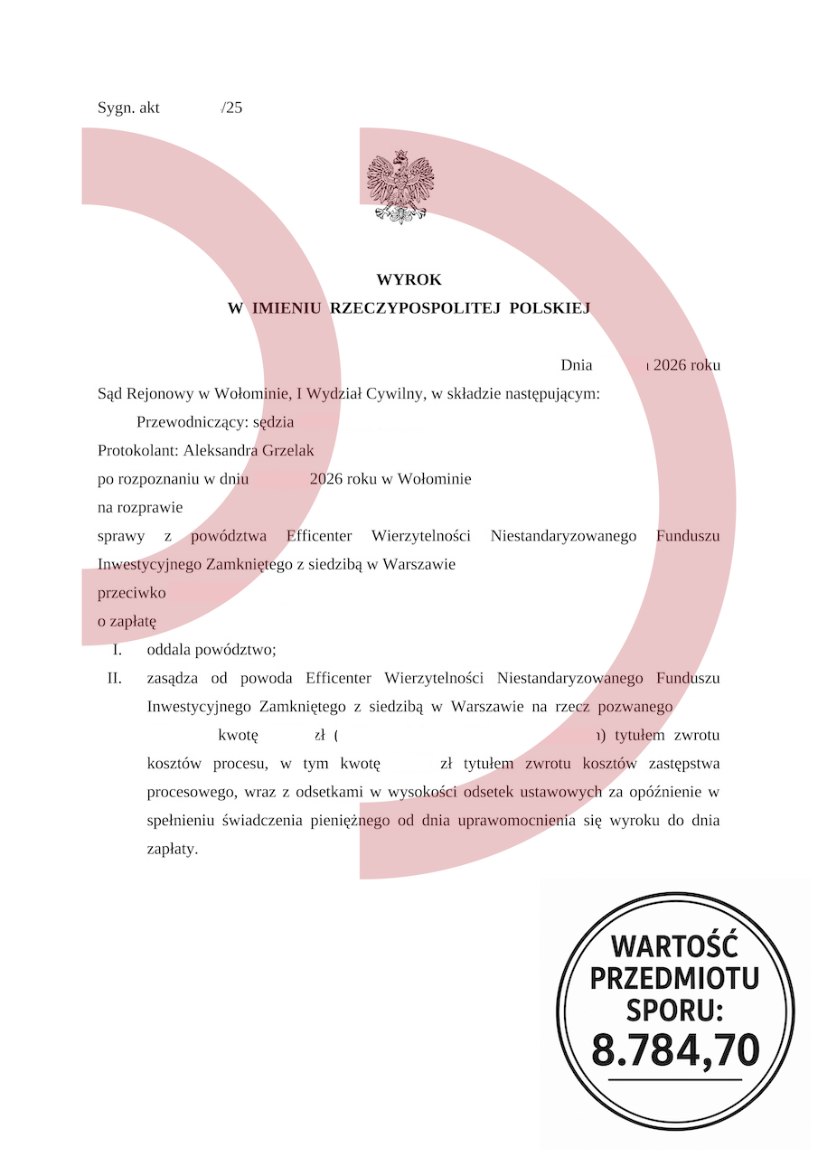 Wyrok oddalający powództwo Efficenter o 8 784,70 zł