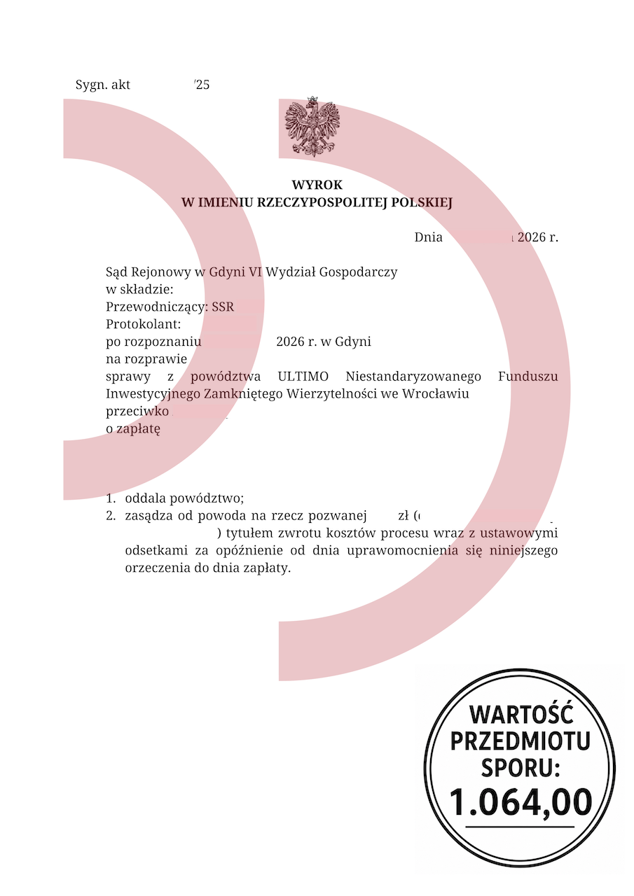 Wyrok oddalający powództwo Ultimo o zapłatę 1064 zł przed Sądem Rejonowym w Gdyni