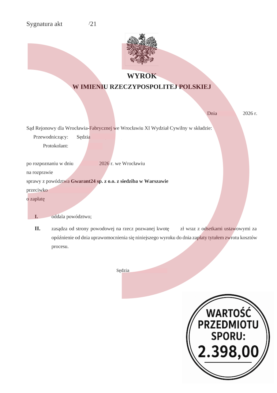 Wyrok oddalający powództwo Gwarant24 przeciwko klientce Kancelarii Oddłużeniowej
