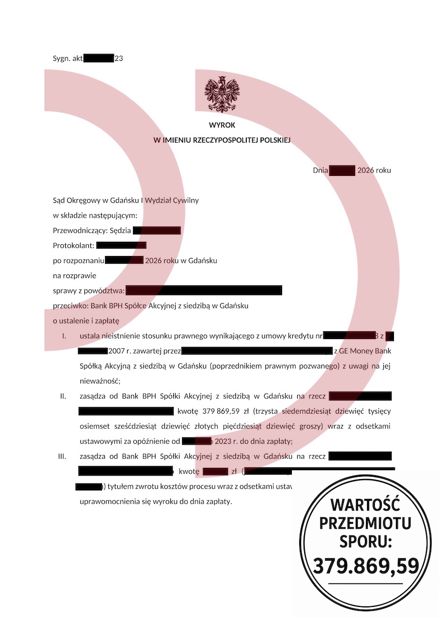 Wyrok Sądu Okręgowego w Gdańsku unieważniający umowę kredytu frankowego CHF z Bankiem BPH i zasądzający 379 869,59 zł