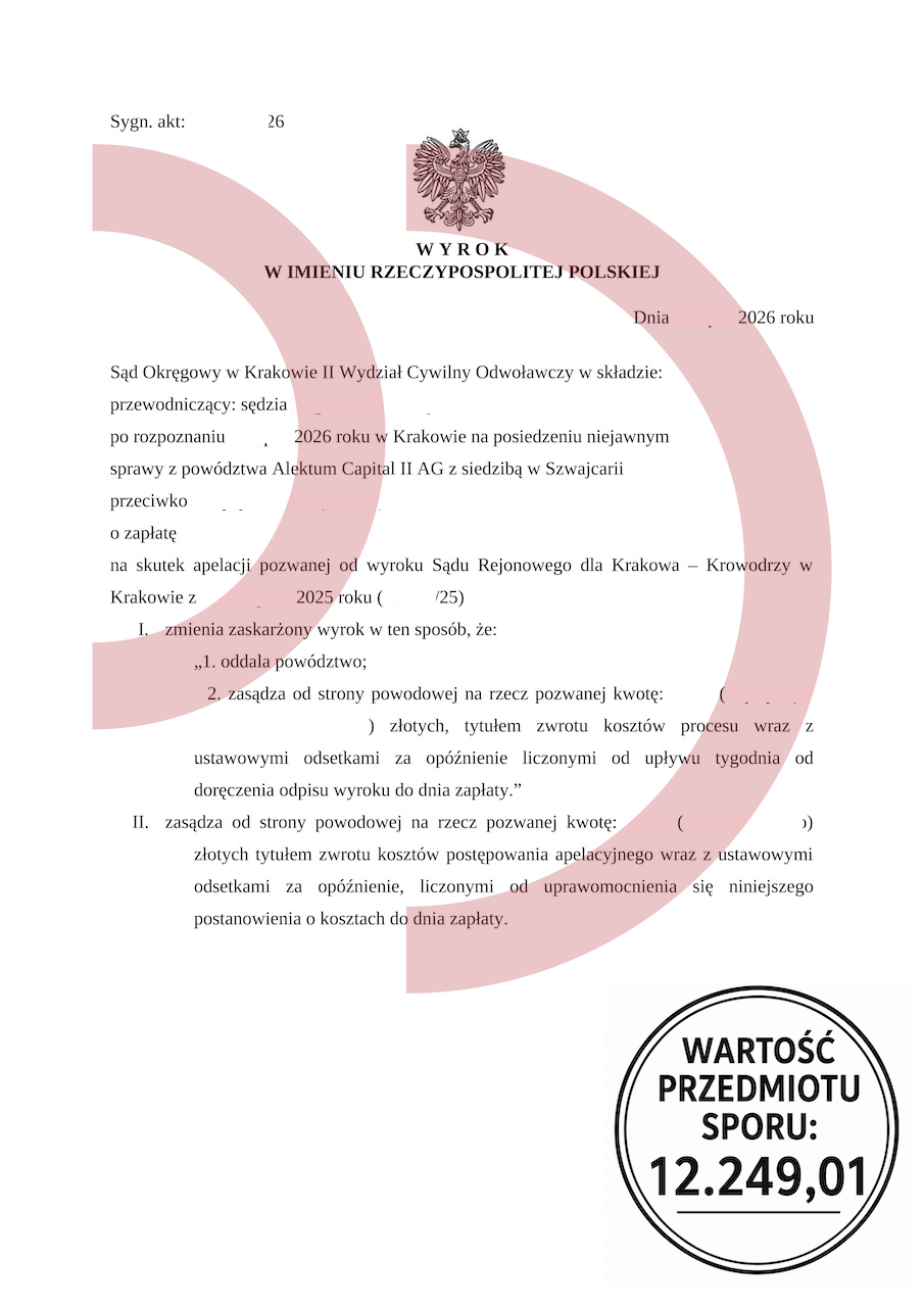 Wyrok Sądu Okręgowego w Krakowie oddalający powództwo Alektum Capital II AG o zapłatę 12 249,01 zł