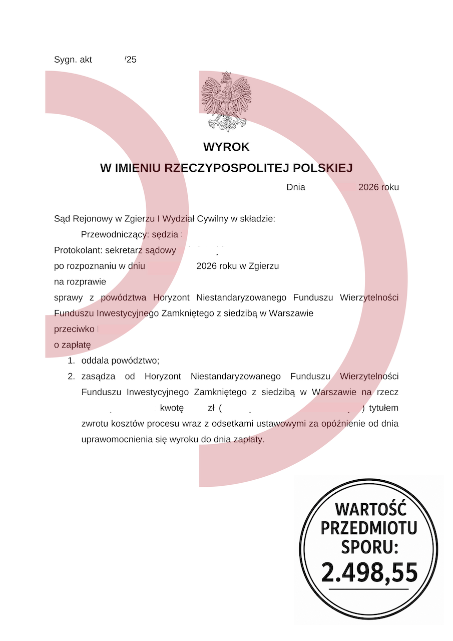 Wyrok oddalający powództwo Horyzont NSFIZ o zapłatę 2498,55 zł przed Sądem Rejonowym w Zgierzu