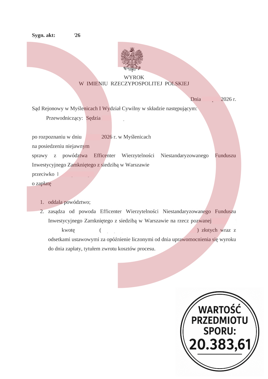 Wyrok oddalający powództwo Efficenter o wartości przedmiotu sporu 20 383,61 zł