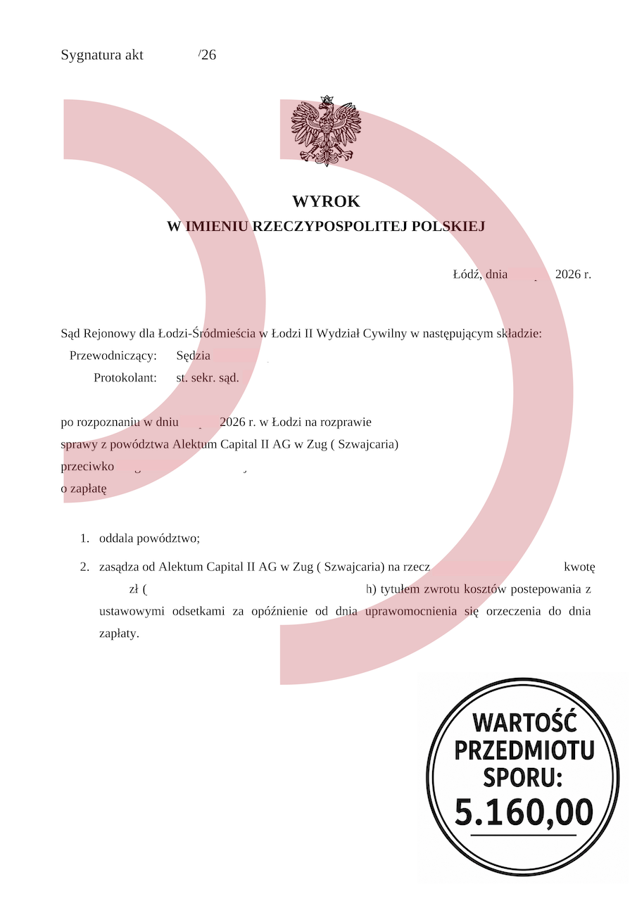 Wyrok Sądu Rejonowego oddalający powództwo Alektum Capital II AG o zapłatę 5 160 zł