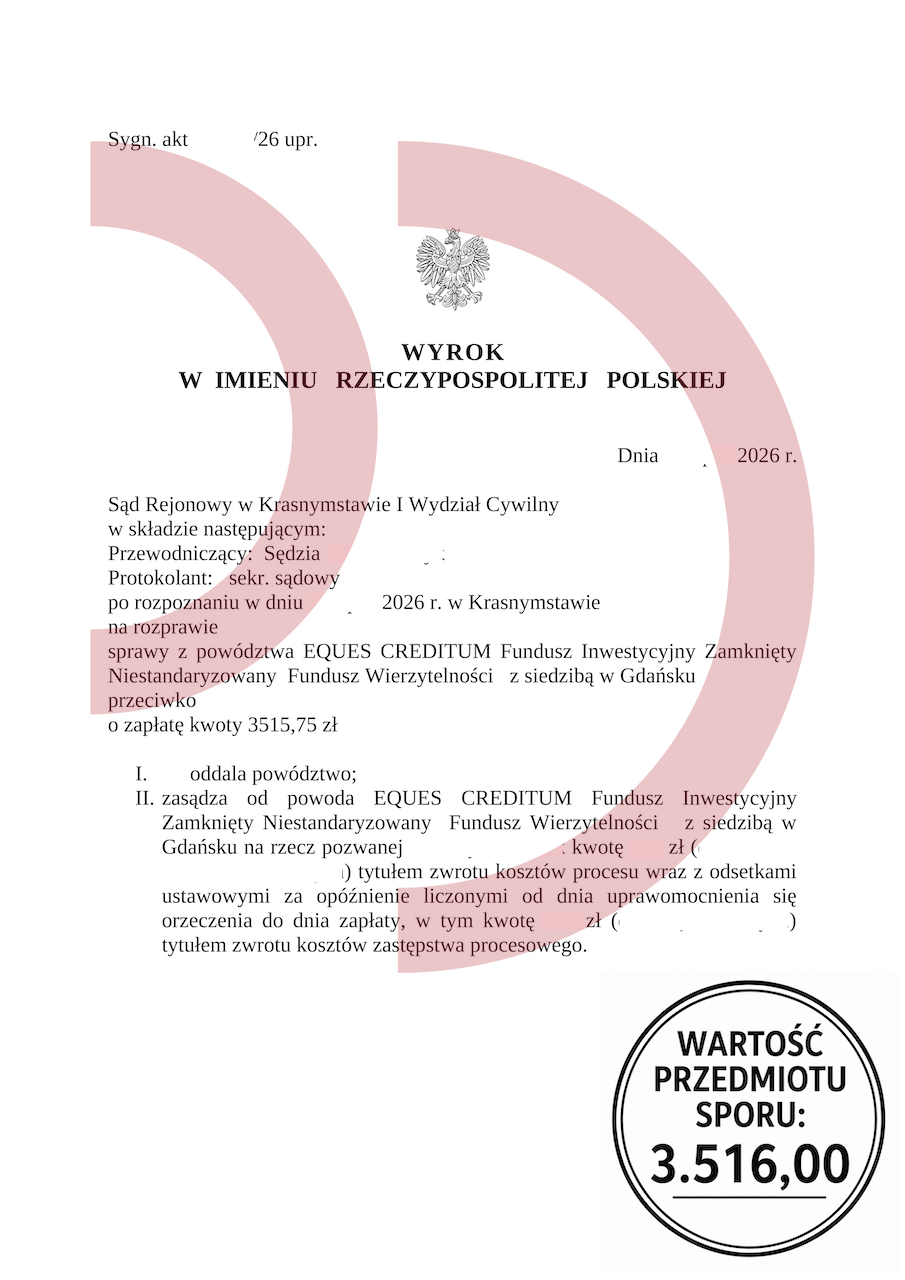 Wyrok oddalający powództwo funduszu Eques Creditum przeciwko zadłużonemu klientowi