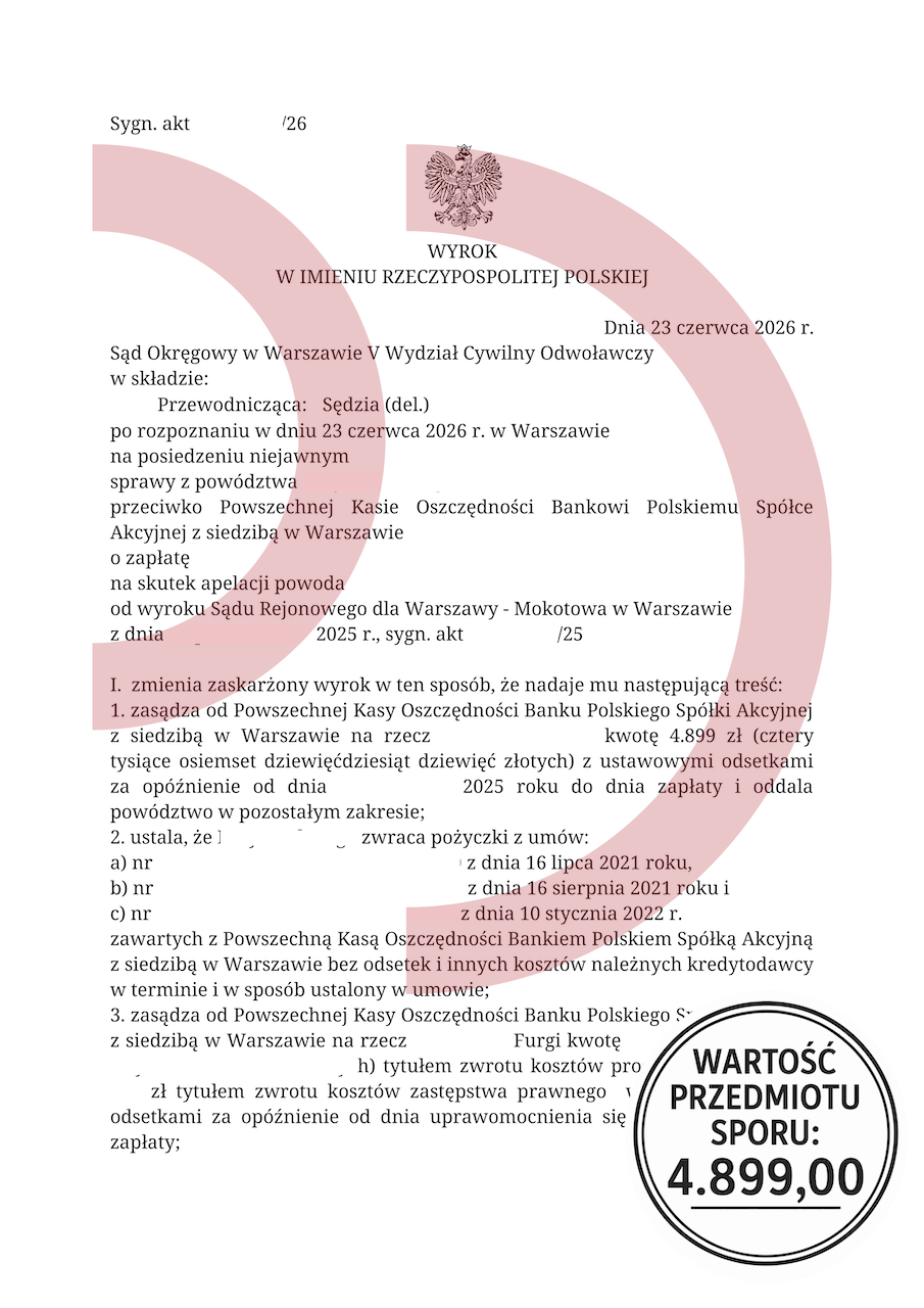 Wyrok Sądu Okręgowego w Warszawie dotyczący sankcji kredytu darmowego przeciwko PKO BP