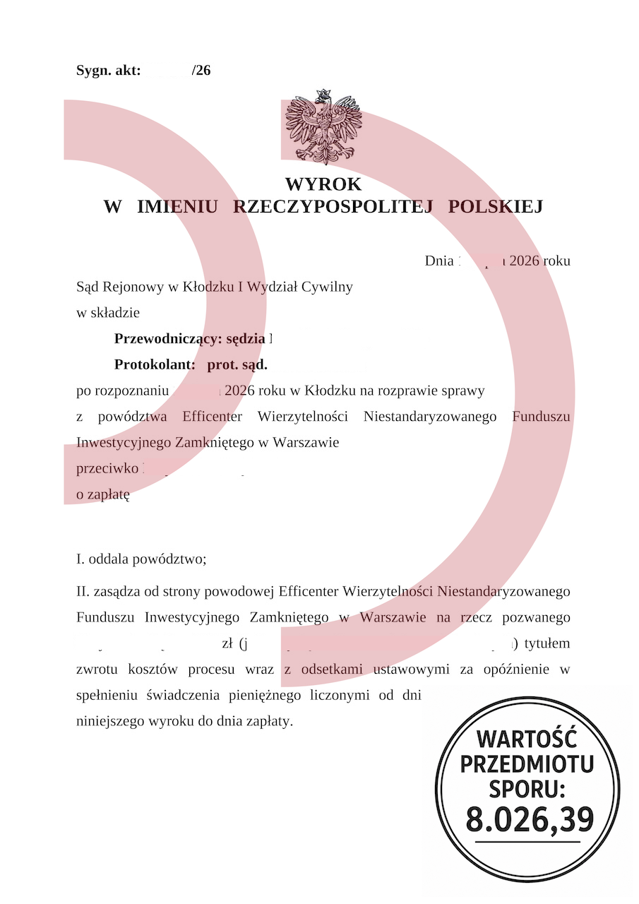 Wyrok Sądu Rejonowego w Kłodzku oddalający powództwo Efficenter Wierzytelności NSFIZ o 8 026,39 zł