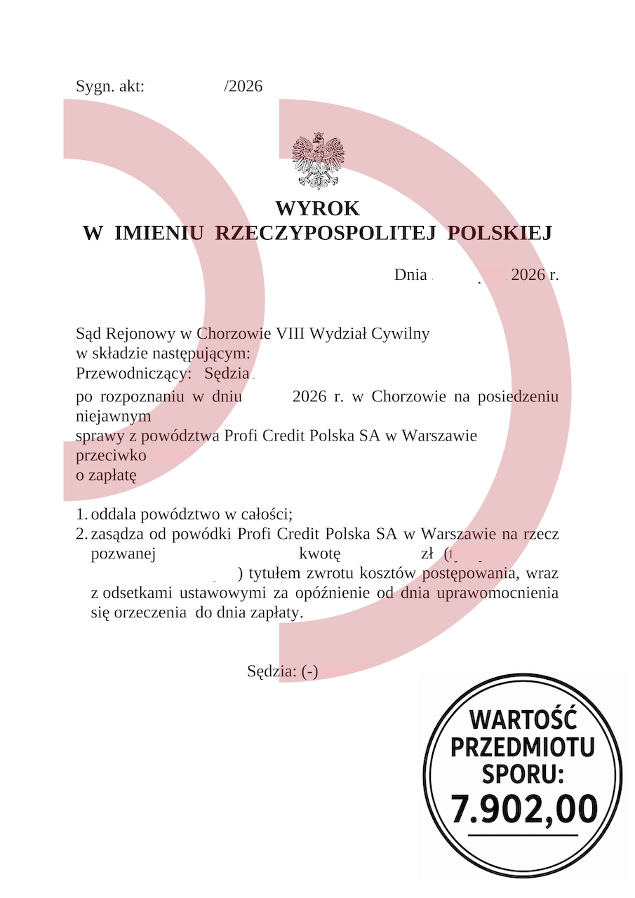 Wygrana z Profi Credit Polska na 7 902 zł w sprawie o zapłatę