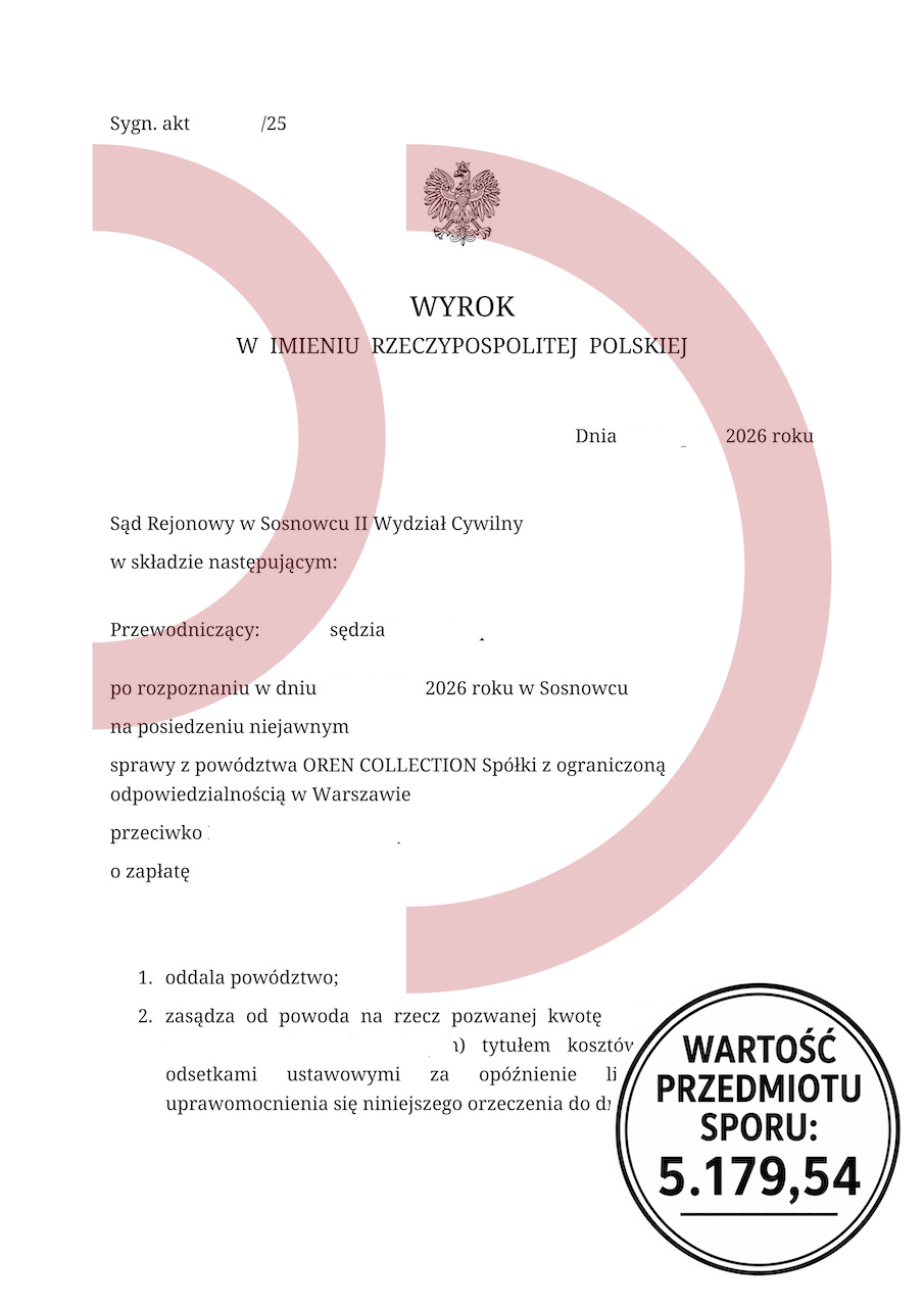 Wygrana Kancelarii Oddłużeniowej Łukasza Białkowskiego z OREN COLLECTION na kwotę 5 179,54 zł
