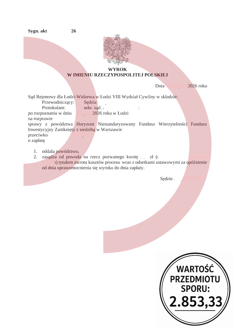 Wygrana Kancelarii Oddłużeniowej z Horyzont NSFIZ na kwotę 2853,33 zł