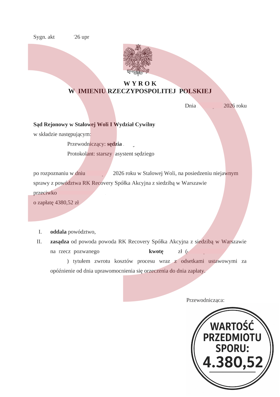 Wygrana z RK Recovery na 4 380,52 zł przed Sądem Rejonowym w Stalowej Woli