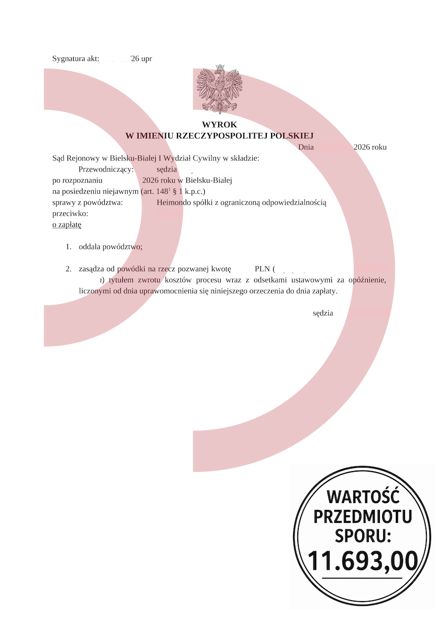 Wygrana z Heimondo i oddalenie powództwa o 11 693 zł w sprawie osoby zadłużonej