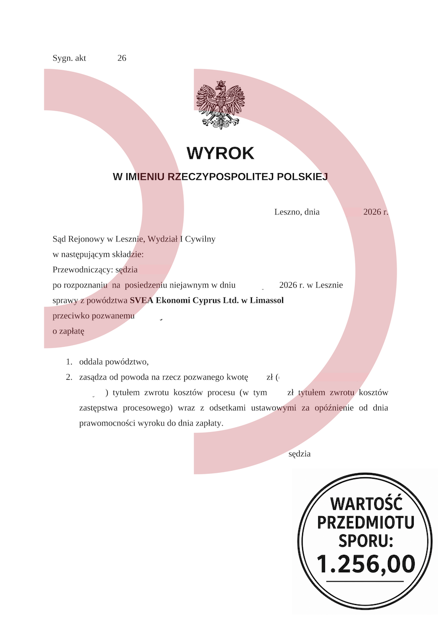 Wygrana z SVEA przed Sądem Rejonowym w Lesznie na kwotę 1 256 zł