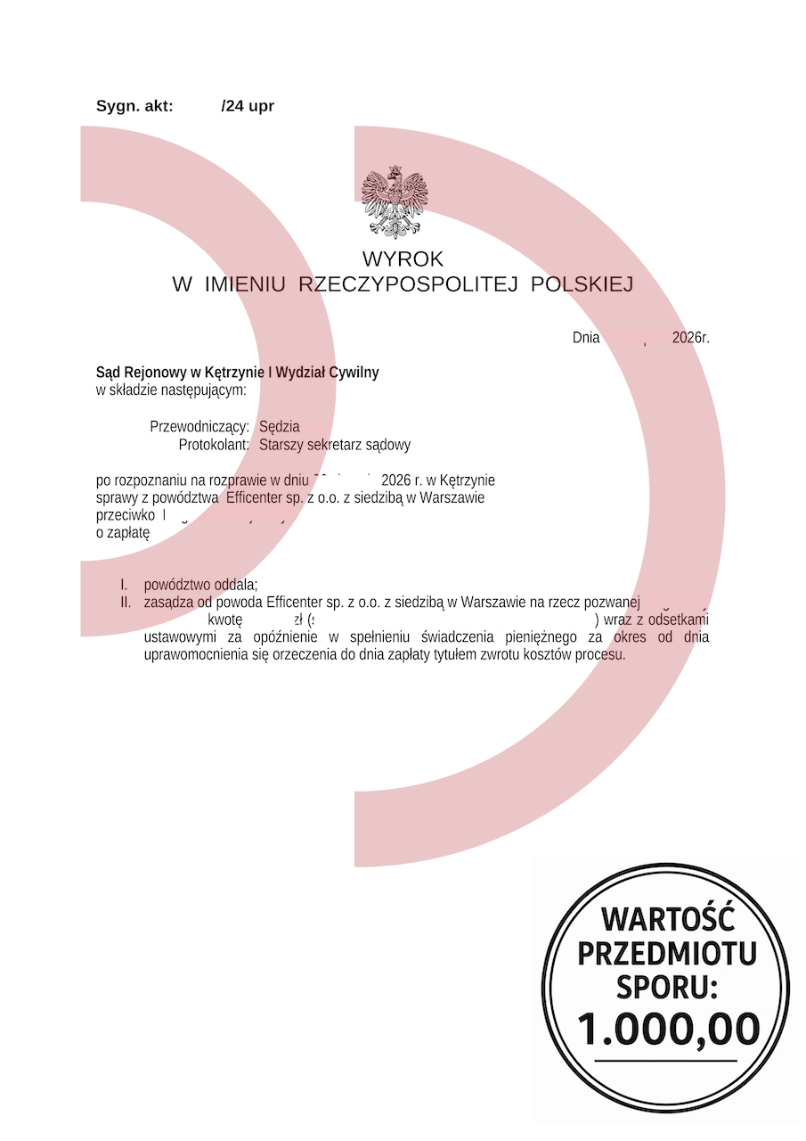 Wyrok oddalający powództwo Efficenter o zapłatę 1 000 zł