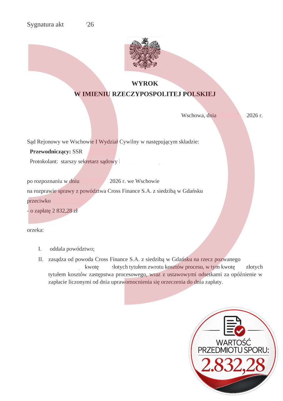 Wyrok Sądu Rejonowego we Wschowie oddalający powództwo Cross Finance o 2 832,28 zł