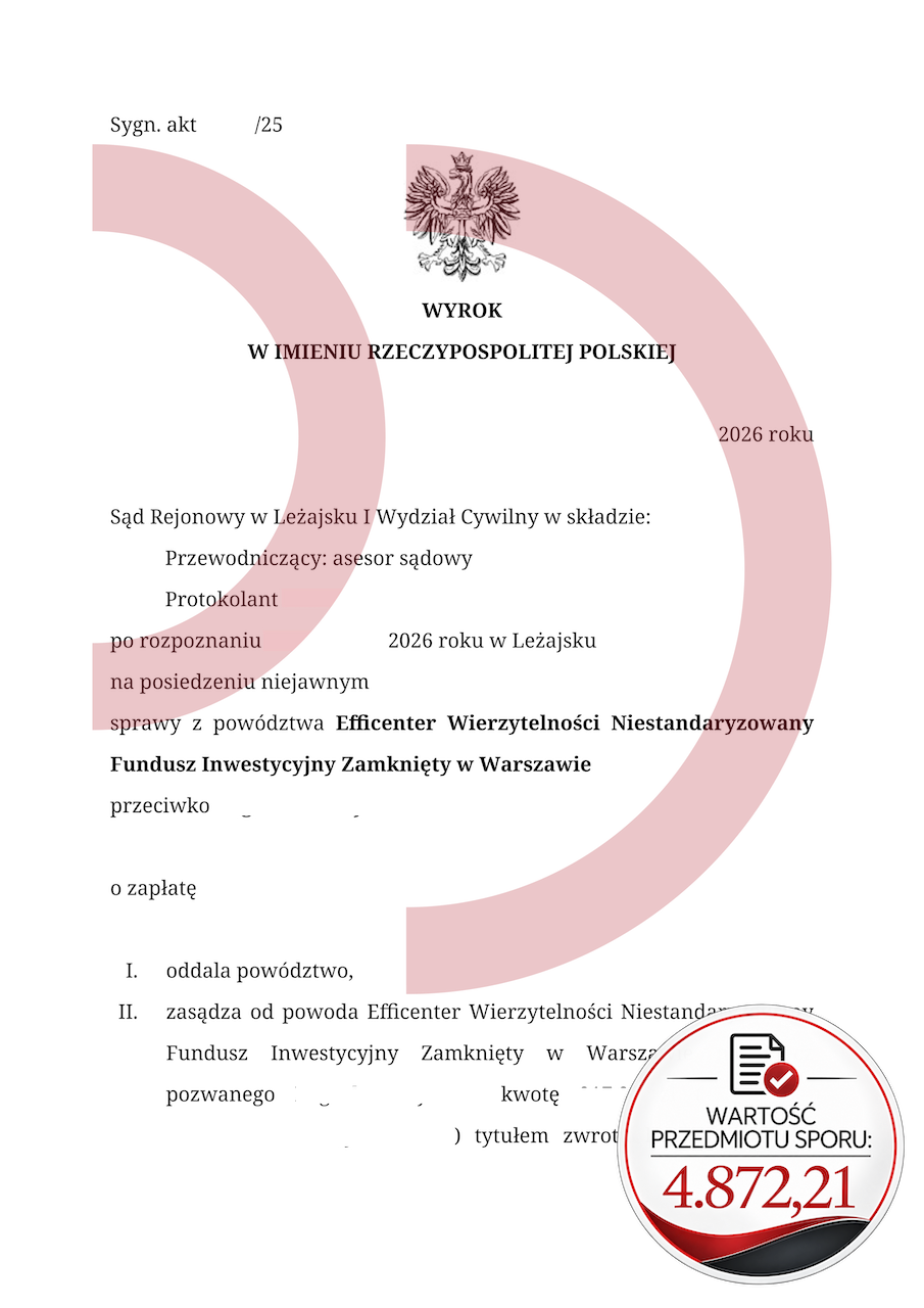Wyrok Sądu Rejonowego w Leżajsku oddalający powództwo Efficenter; wartość sporu 4 872,21 zł