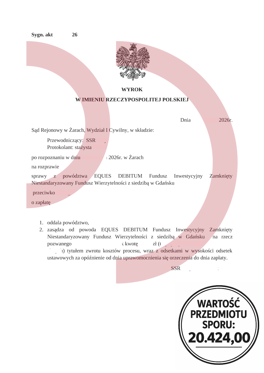Wygrana z Eques Debitum 20 424 zł i pomoc prawna dla zadłużonych