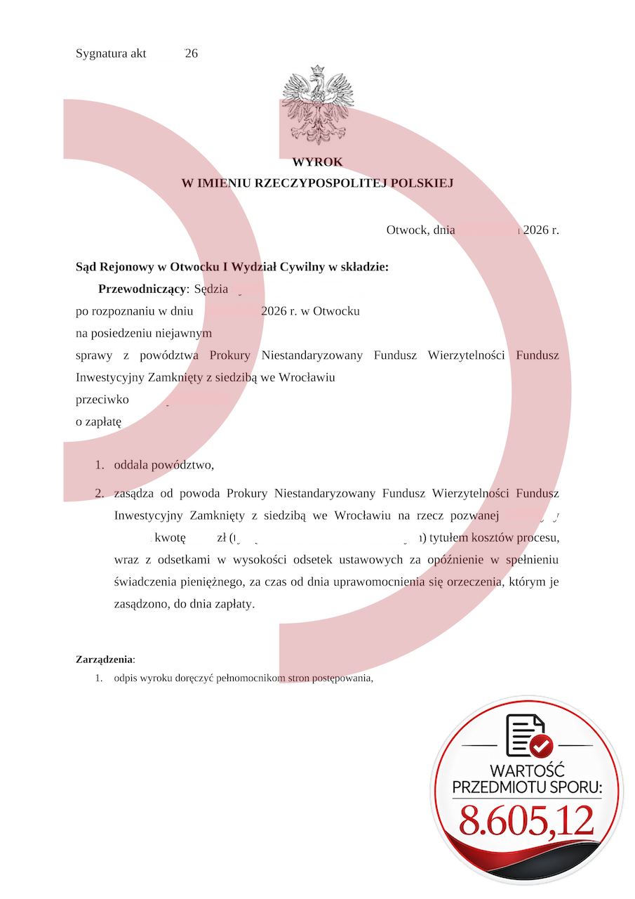 Wygrana z Prokurą na 8605,12 zł w sprawie o zapłatę