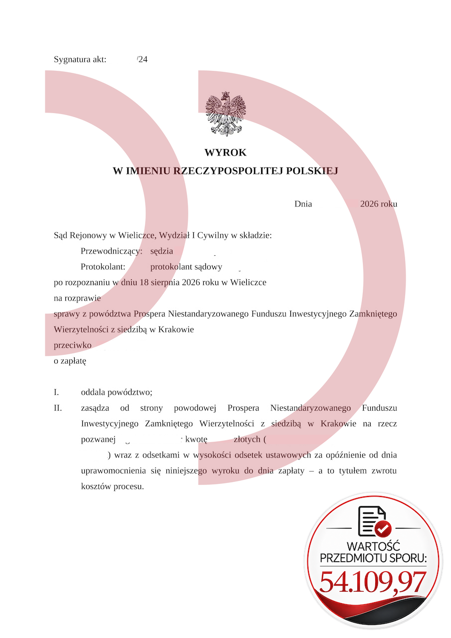 Wyrok oddalający powództwo Prospera na 54109,97 zł