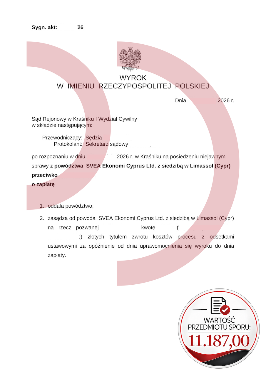 Wyrok Sądu Rejonowego w Kraśniku oddalający powództwo SVEA Ekonomi Cyprus Ltd.; wartość sporu 11 187,00 zł