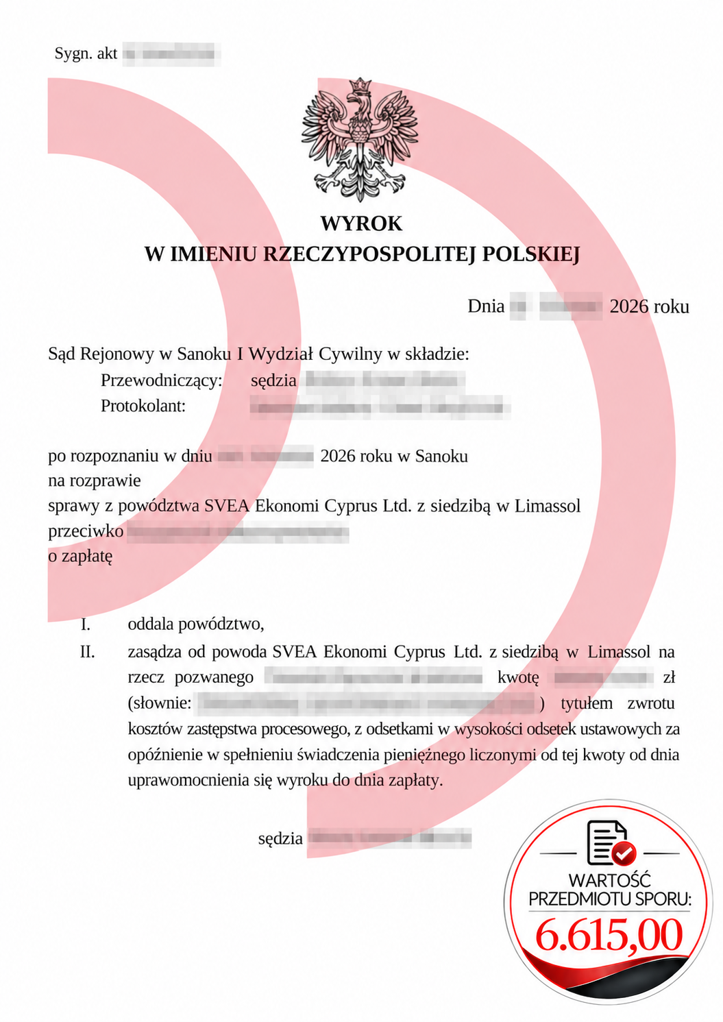 Wyrok Sądu Rejonowego w Sanoku: oddalenie powództwa SVEA, WPS 6.615,00 zł