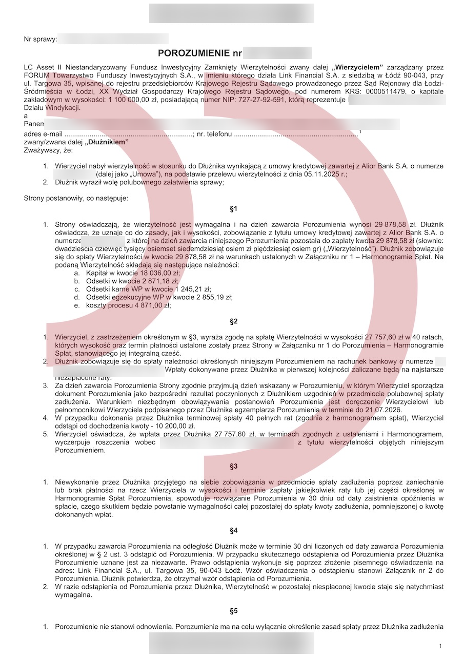 Porozumienie z LC Asset – warunki finansowe i warunkowa ulga, po anonimizacji