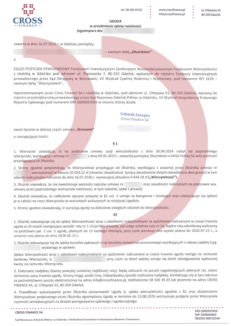 Ugoda z Cross Finance – pierwsza strona z kwotą zadłużenia i warunkami rat, po anonimizacji