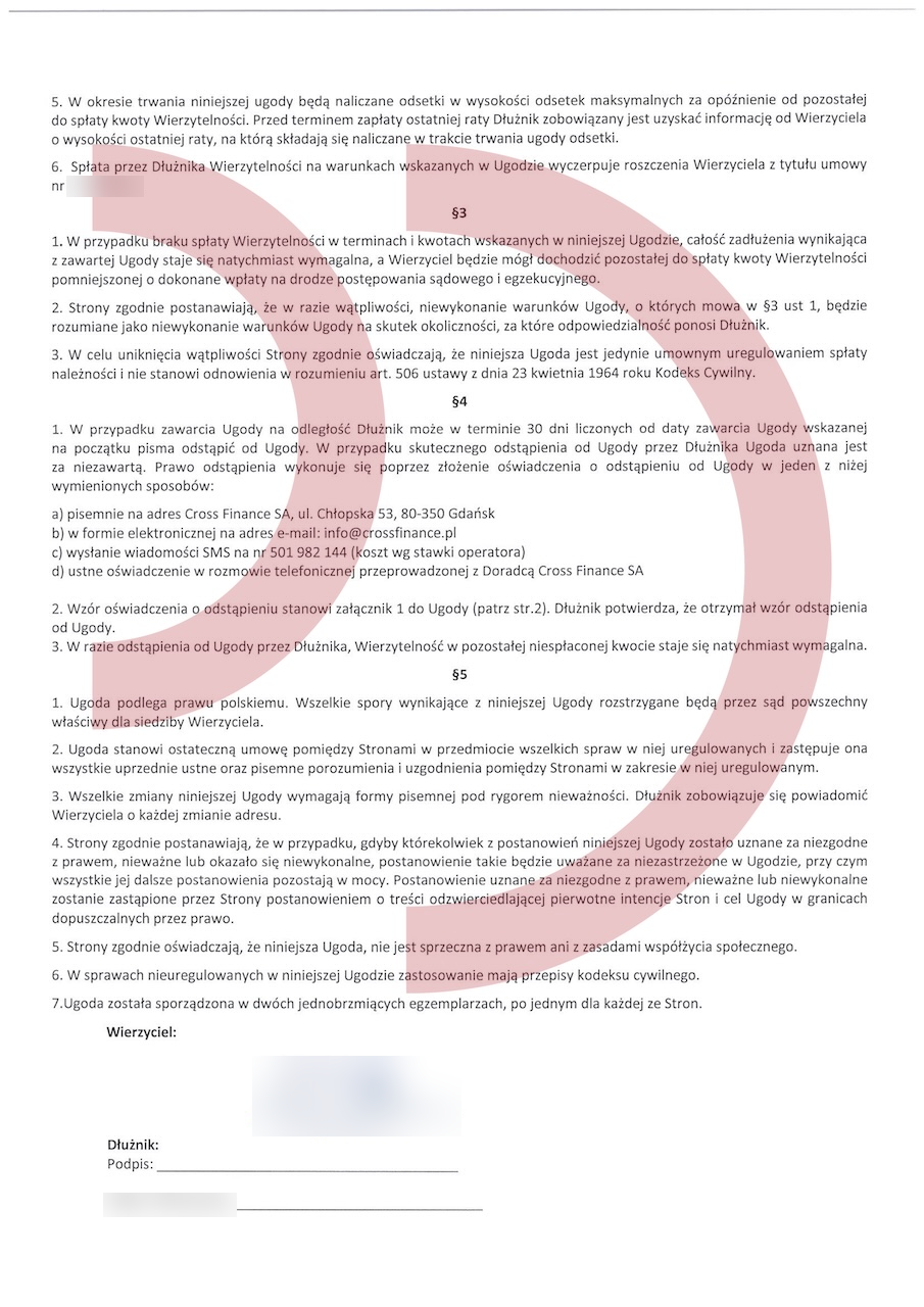 Ugoda z Cross Finance – druga strona z zasadami naliczania odsetek i wykonania porozumienia, po anonimizacji