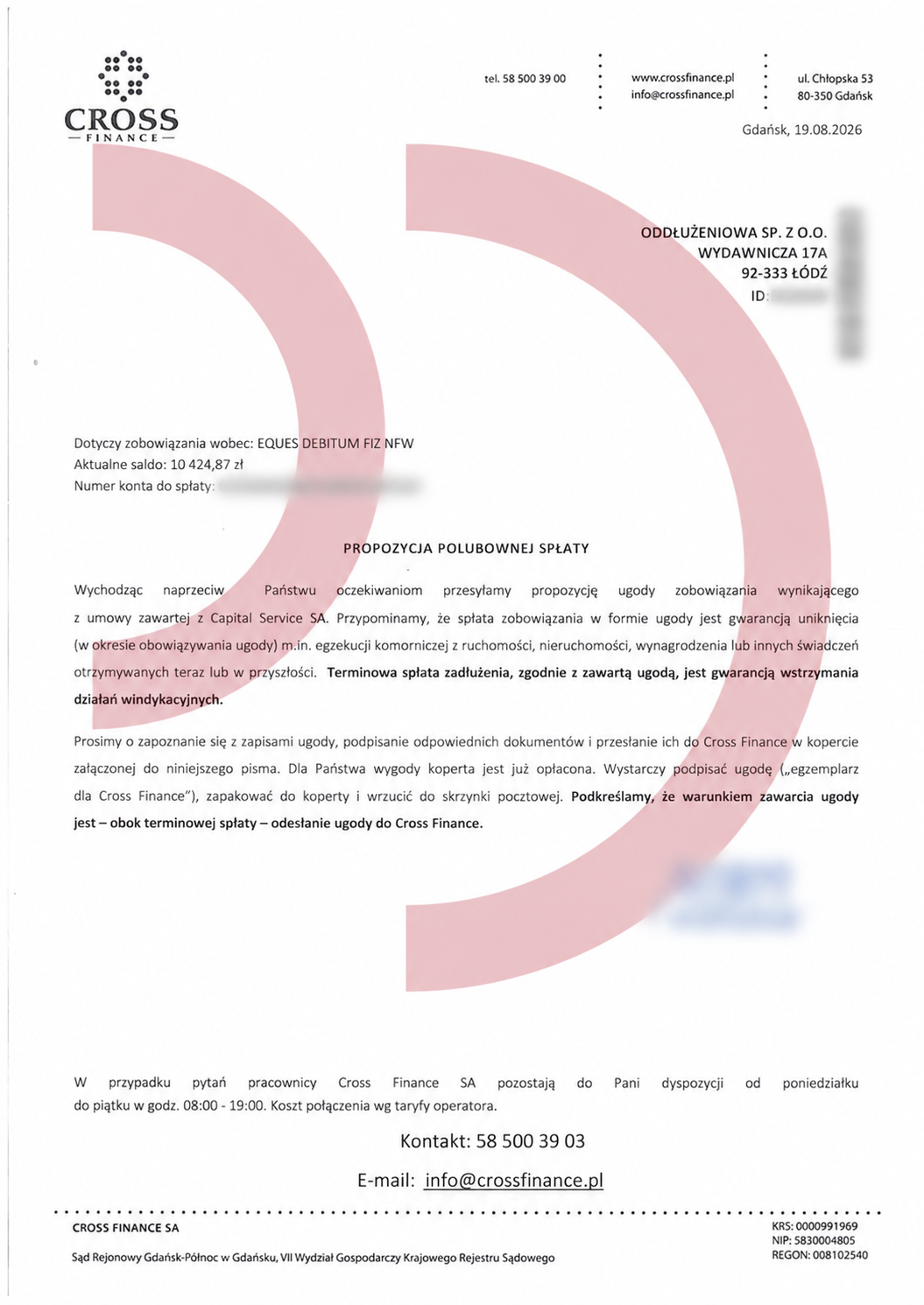 Pismo Cross Finance dotyczące ugody z EQUES DEBITUM – dane wrażliwe rozmyte