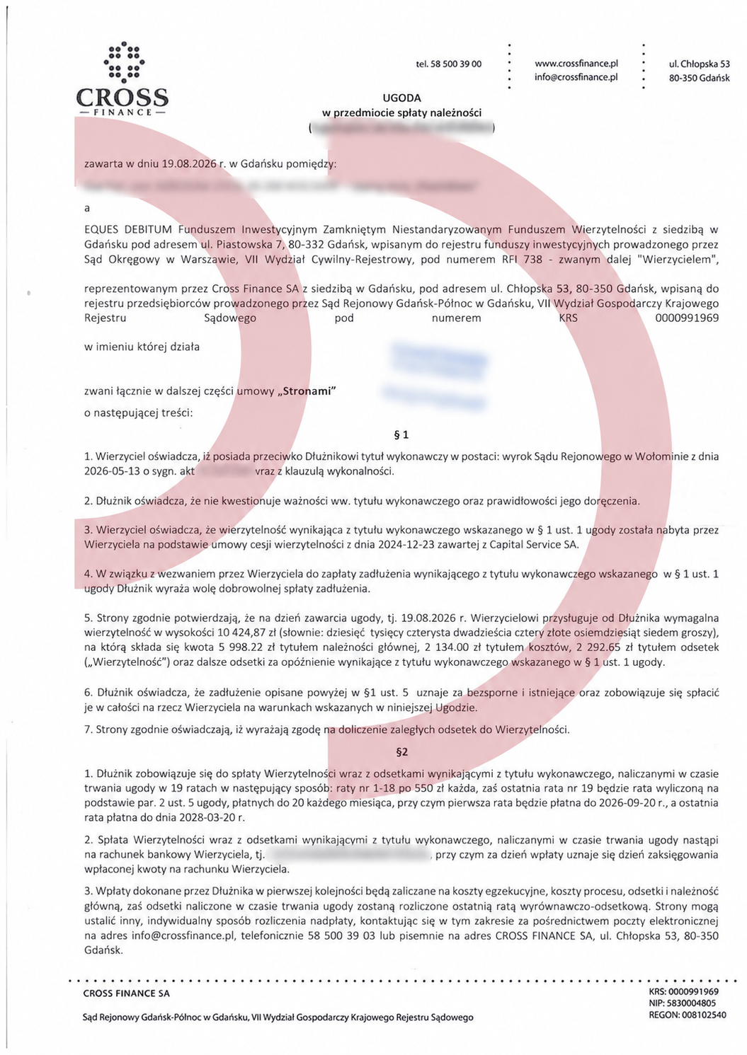 Ugoda z Cross Finance – wysokość zadłużenia i harmonogram rat, dane wrażliwe rozmyte