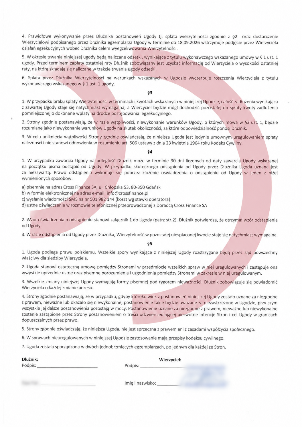 Ugoda z Cross Finance – warunki spłaty i egzekucji, dane osobowe i podpisy rozmyte