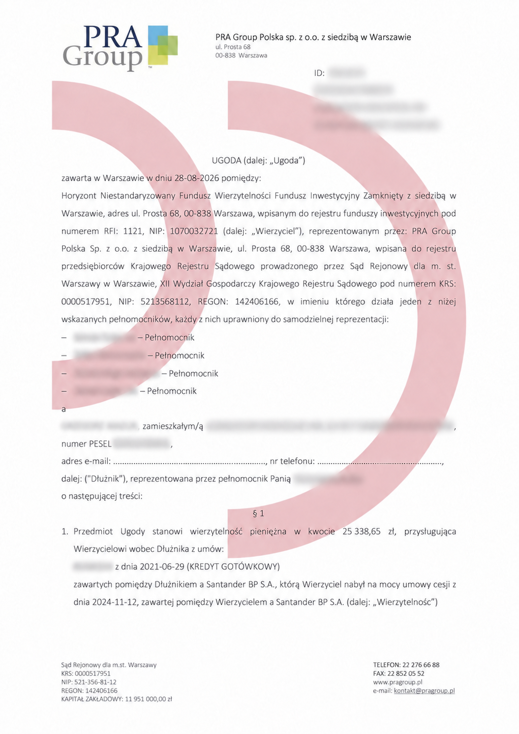 Ugoda z Horyzont NSFIZ – wierzytelność 25 338,65 zł, dane osobowe rozmyte