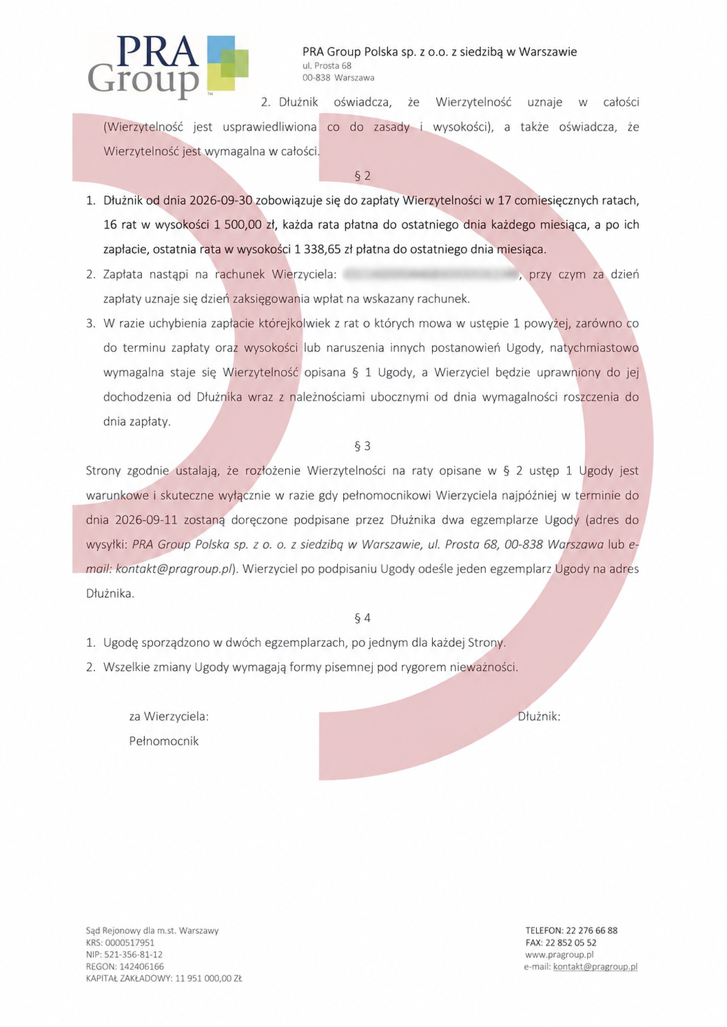 Ugoda z Horyzont NSFIZ – harmonogram 17 rat i warunki spłaty, rachunek bankowy rozmyty