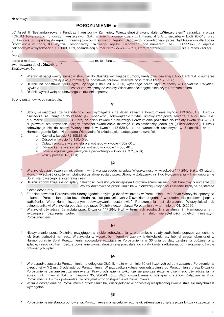 Ugoda z LC Asset – strona 1, kwoty i warunki 43 rat; dane osobowe, sygnatura, numery i rachunek rozmyte