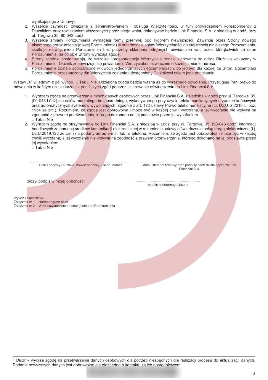 Ugoda z LC Asset – strona 2, postanowienia końcowe i pola podpisów; kody kreskowe rozmyte