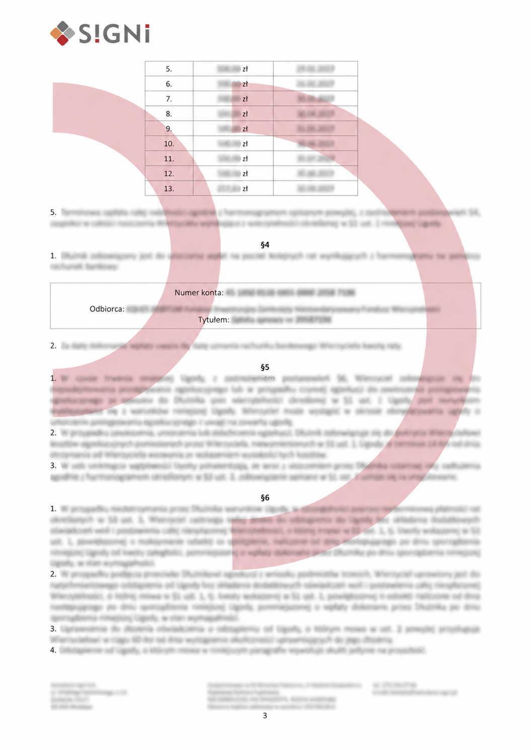 Rozmyta strona 3 ugody z harmonogramem i warunkami spłaty – treść celowo nieczytelna