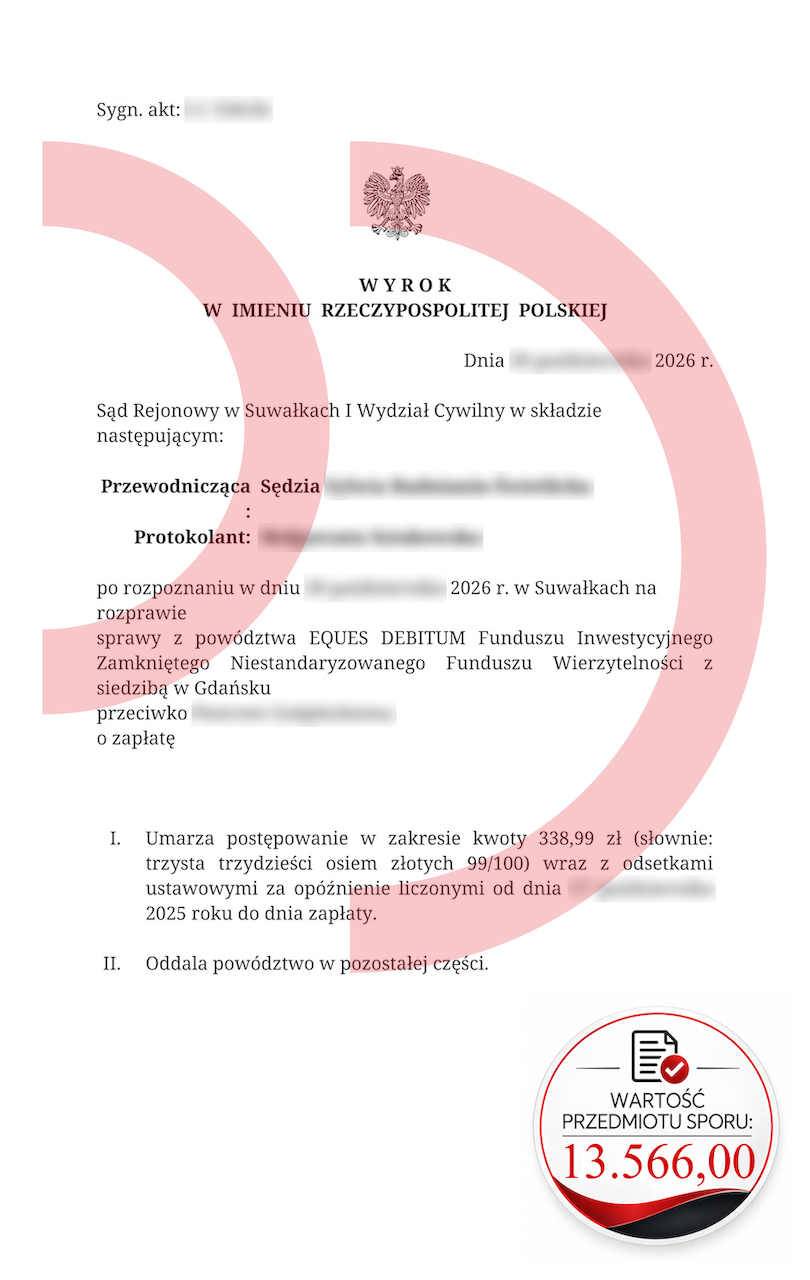 Wyrok SR w Suwałkach: umorzenie części i oddalenie reszty powództwa EQUES DEBITUM, WPS 13566 zł
